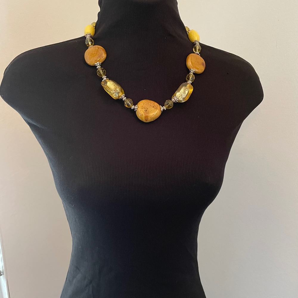 Boho‎ Chunky Bead Statement Necklace Yellow Earthy Mixed Media 18 Inch